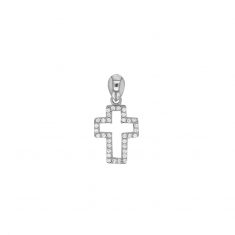 Pendentif croix ajourée ornée d'oxydes, argent 925/1000 rhodié