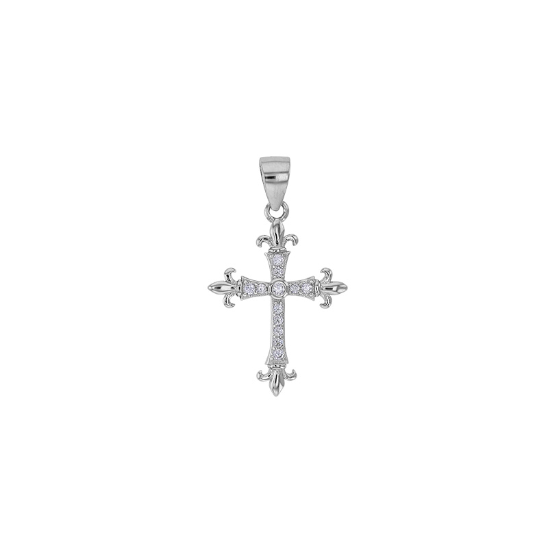 Pendentif croix et fleur de lys, oxydes, argent 925/1000 rhodié