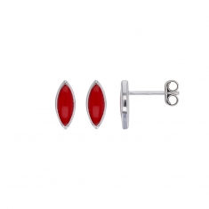 Boucles d'oreilles puces résine rouge forme amande, argent 925/1000 rhodié
