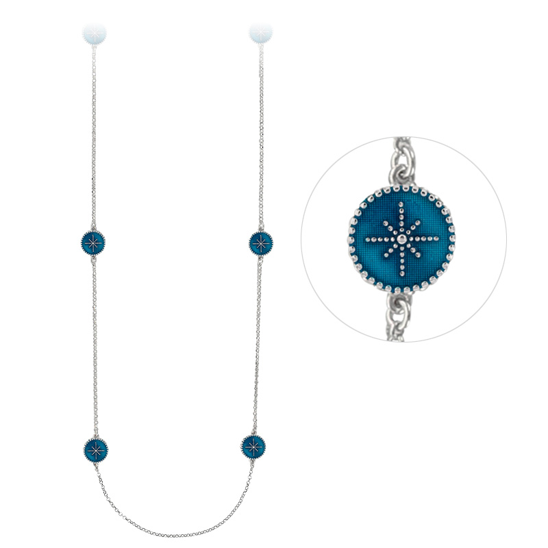 Sautoir en argent 925/1000 rhodié avec ronds perlés et émail bleu métallisé avec étoiles