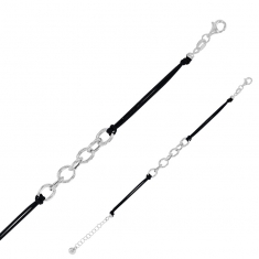 Bracelet cordon nylon noir, anneaux et fermoir argent 925/1000