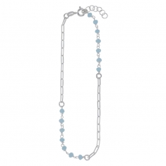 Chaîne de cheville maille allongée, perles de verre bleu aigue-marine, argent 925/1000