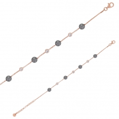 Bracelet avec perles synthétiques grises et oxydes de zirconium sertis en argent 925/1000 doré rose