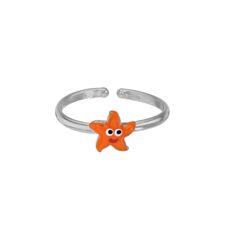 Bague réglable étoile de mer émaillé orange, argent 925/1000 rhodié