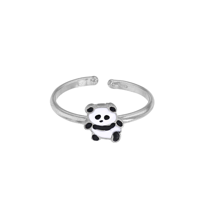 Bague réglable petit panda émaillé, argent 925/1000 rhodié