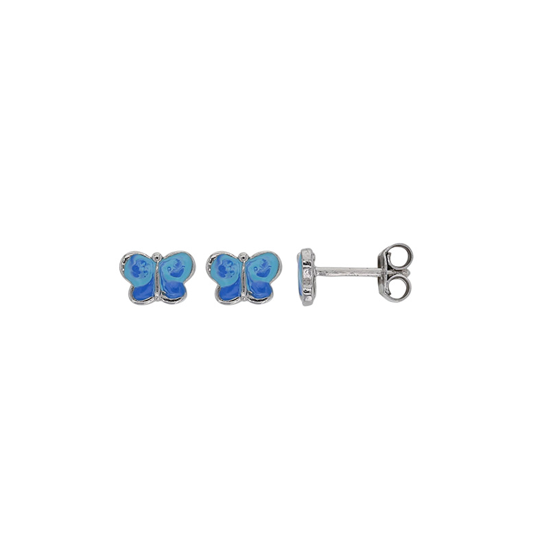 Boucles d'oreilles papillon en Argent 925/1000 rhodié et émail bleu