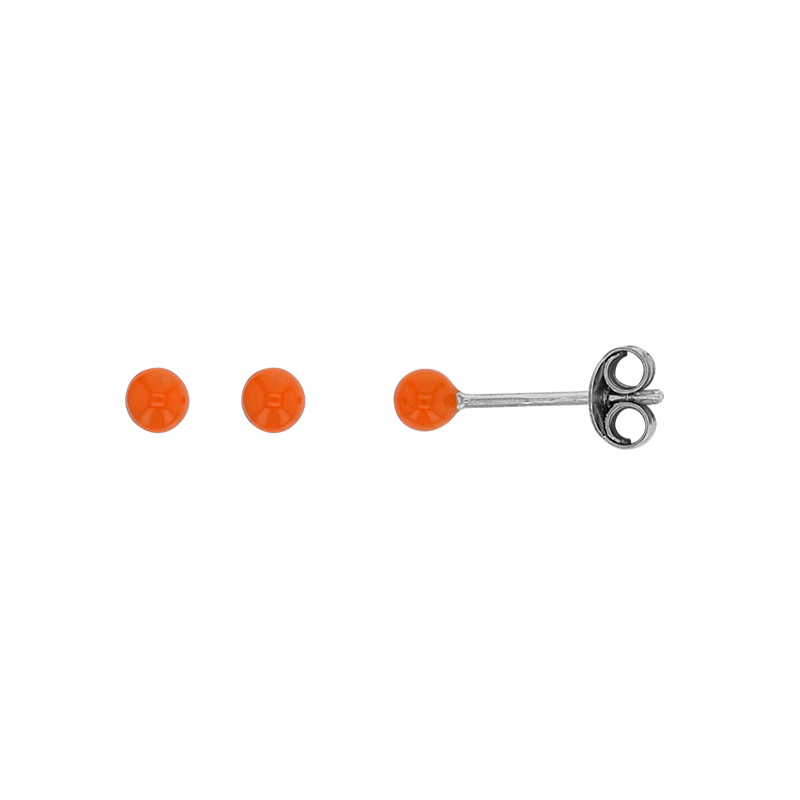 Boucles d'oreilles puces boules émaillées orange, argent 925/1000 rhodié