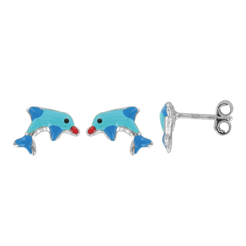 Boucles d'oreilles puces dauphins émaillé bleu, argent 925/1000 rhodié