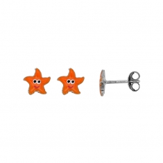 Boucles d'oreilles puces étoiles de mer émaillées orange, argent 925/1000 rhodié