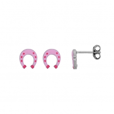 Boucles d'oreilles puces fer à cheval émaillé rose, argent 925/1000 rhodié