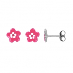 Boucles d'oreilles puces fleurs, émail rose, argent 925/1000 rhodié