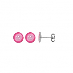 Boucles d'oreilles puces forme bouton en émail rose et argent 925/1000 rhodié