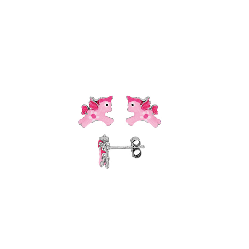 Boucles d'oreilles puces licorne, émail rose, argent 925/1000 rhodié