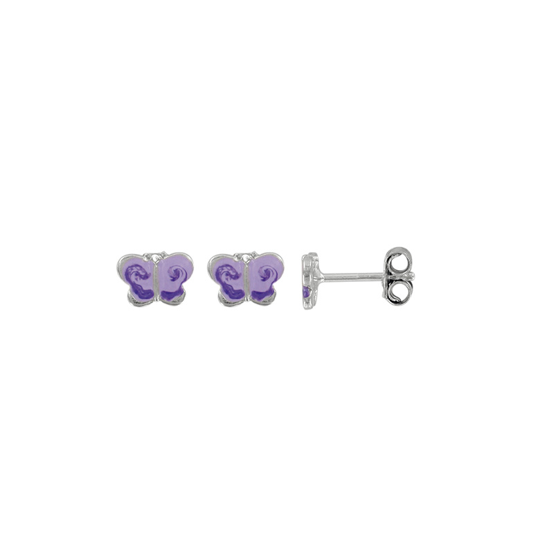 Boucles d'oreilles puces papillon violet émaillé et argent rhodié 925/1000