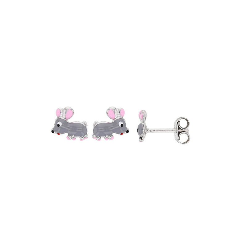 Boucles d'oreilles souris en Argent 925/1000 rhodié et émail gris et rose