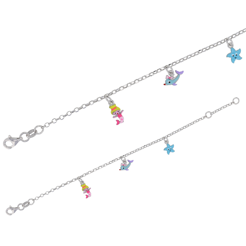 Bracelet avec pampilles sirène, dauphin et étoile de mer en Argent 925/1000 rhodié et émail
