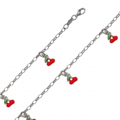 Bracelet cerise en pampille, émail rouge, argent 925/1000 rhodié