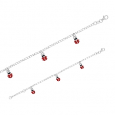 Bracelet coccinelles en pampille, émaillées rouge, argent 925/1000 rhodié