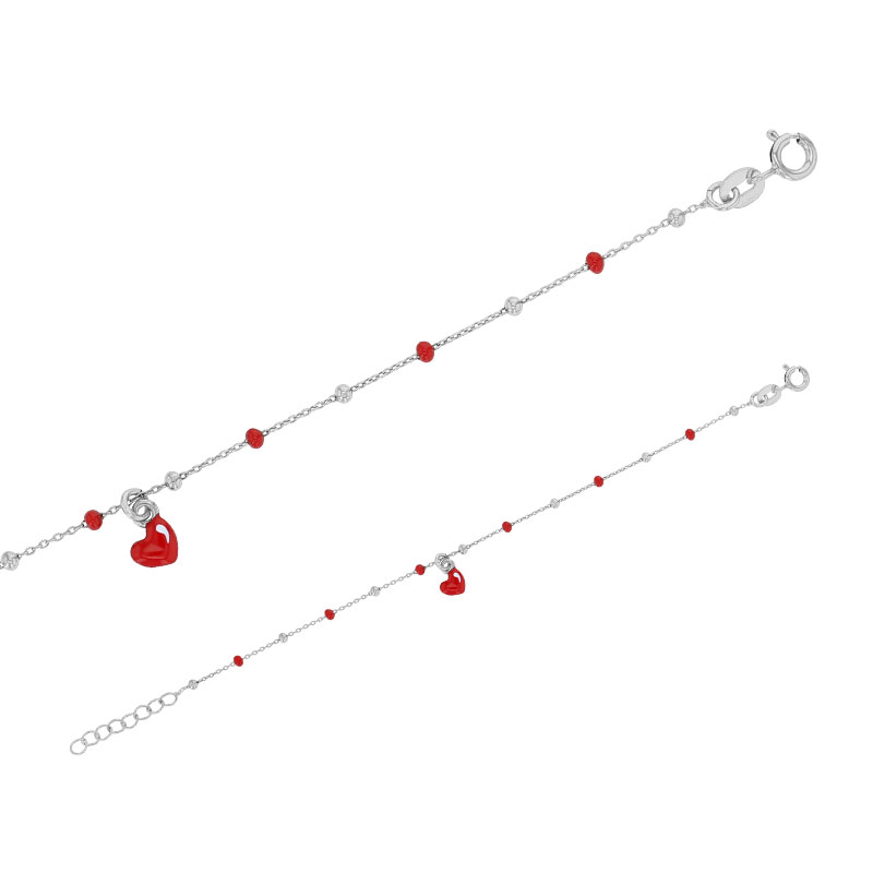 Bracelet coeur, boules émaillées rouge, argent 925/1000 rhodié