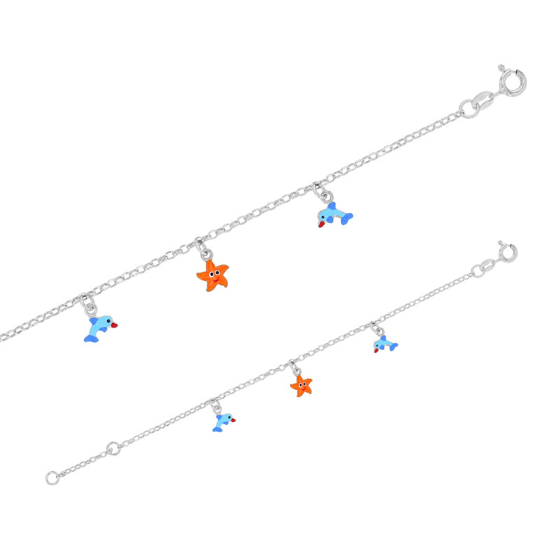 Bracelet dauphins et étoile de mer, émail bleu et orange, argent 925/1000 rhodié