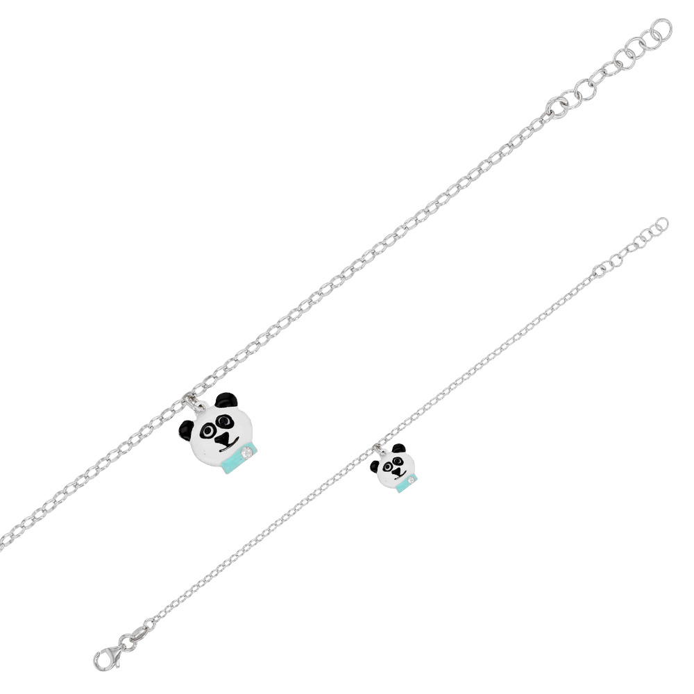 Bracelet en Argent 925/1000 rhodié avec pampille tete de panda émaillée