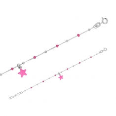 Bracelet étoile pailletée pampille, boules émaillées fuchsia, argent 925/1000 rhodié