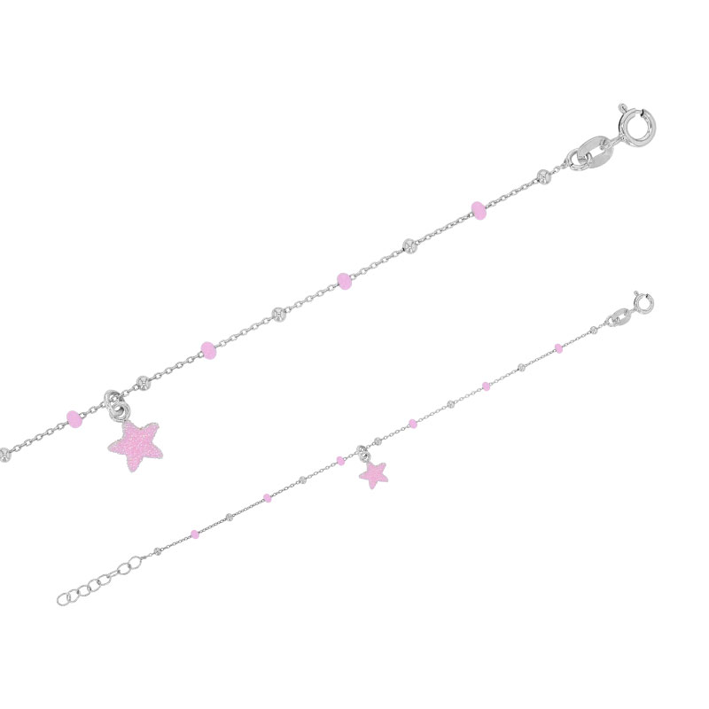 Bracelet étoile pailletée pampille, boules émaillées rose clair, argent 925/1000 rhodié