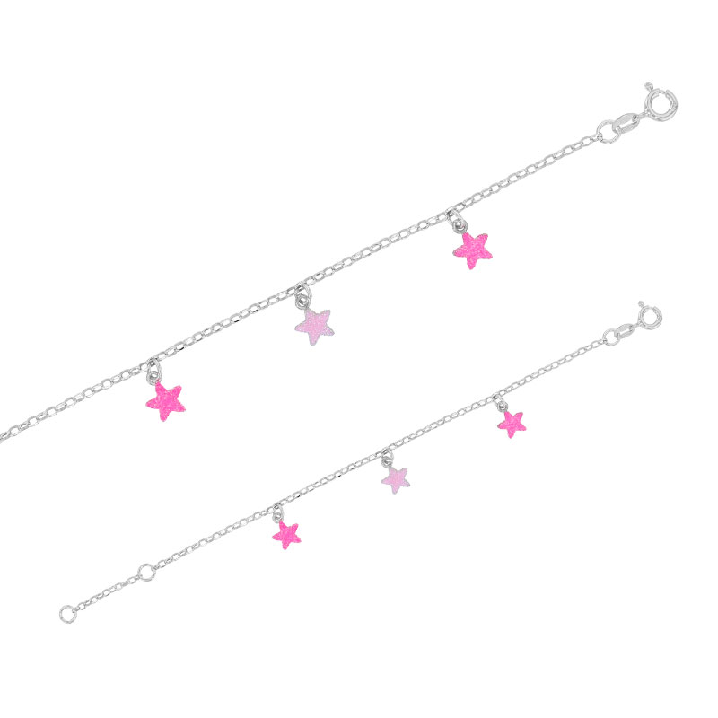 Bracelet étoiles pampille, émail rose clair et fuchsia pailletée, argent 925/1000 rhodié
