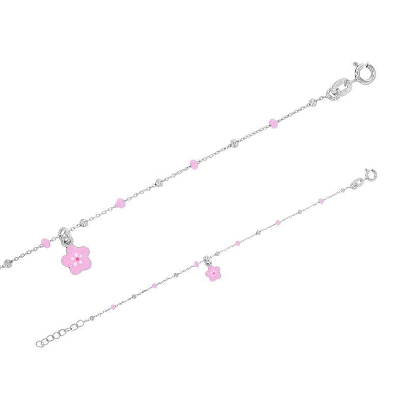 Bracelet fleur pampille, boules émaillées rose clair, argent 925/1000 rhodié