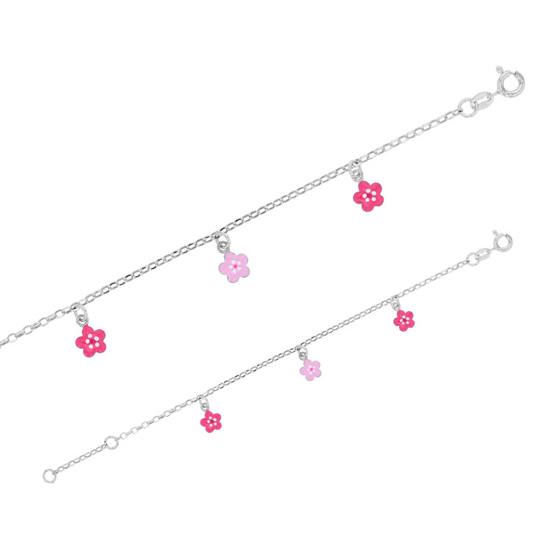 Bracelet fleurs pampilles, émail rose et fuchsia, argent 925/1000 rhodié
