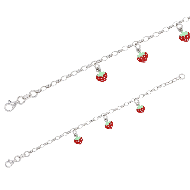 Bracelet fraise 3 pampilles, émail rouge, Argent 925/1000 rhodié