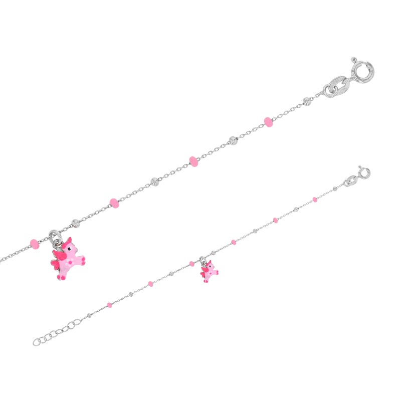 Bracelet  pampille licorne, boules émaillées rose, argent 925/1000 rhodié