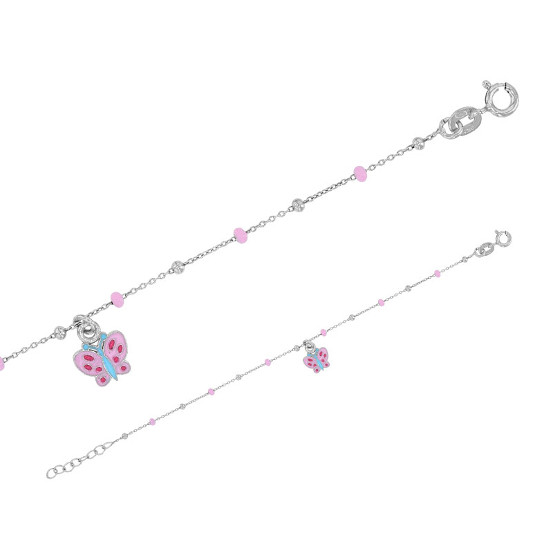 Bracelet pampille papillon , boules émaillées rose , argent 925/1000 rhodié