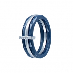 Bague avec 3 anneaux en céramique bleue et argent 925/1000 rhodié et pavé d'oxydes de zirconium