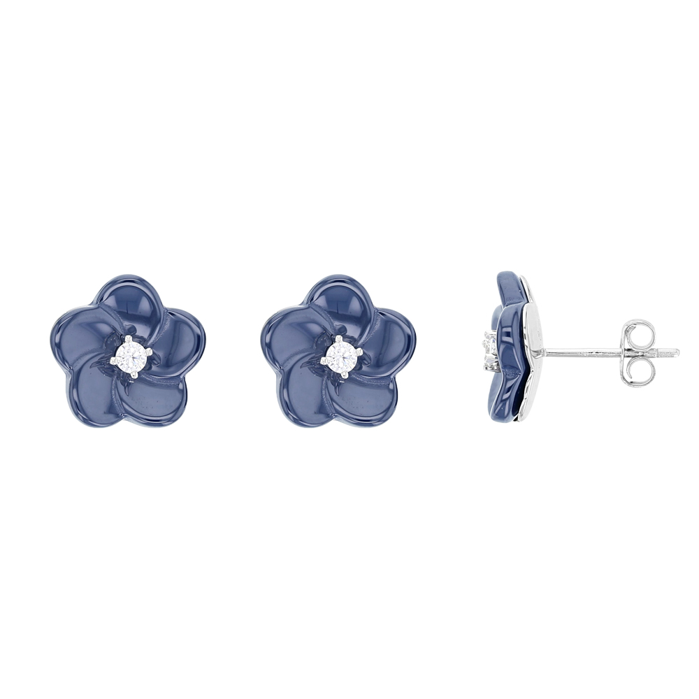 Boucles d'oreilles avec fleur en céramique bleue ,oxyde de zirconium et Argent 925/1000 rhodié