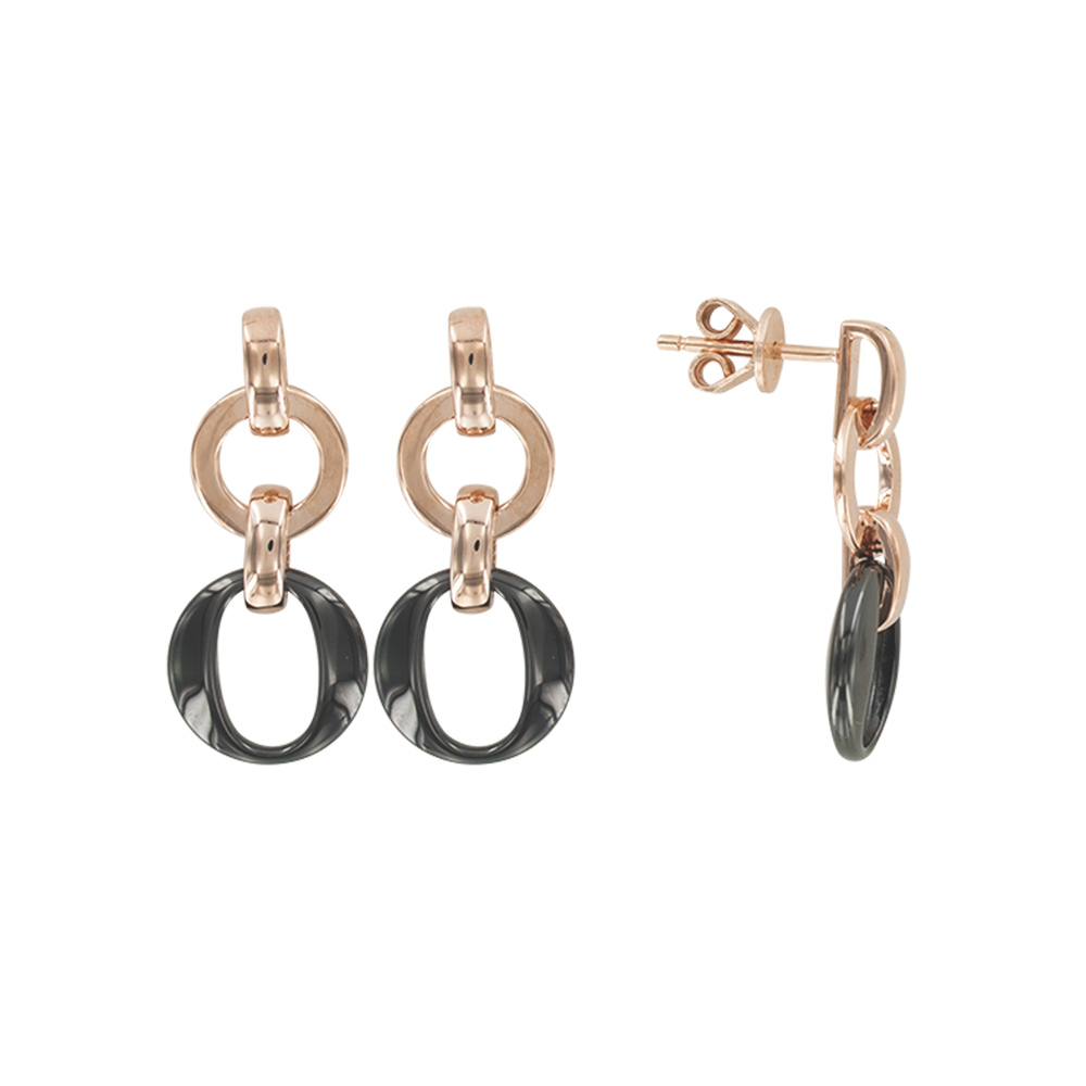 Boucles d'oreilles ronds en céramique noire et en argent 925/1000 doré-rose