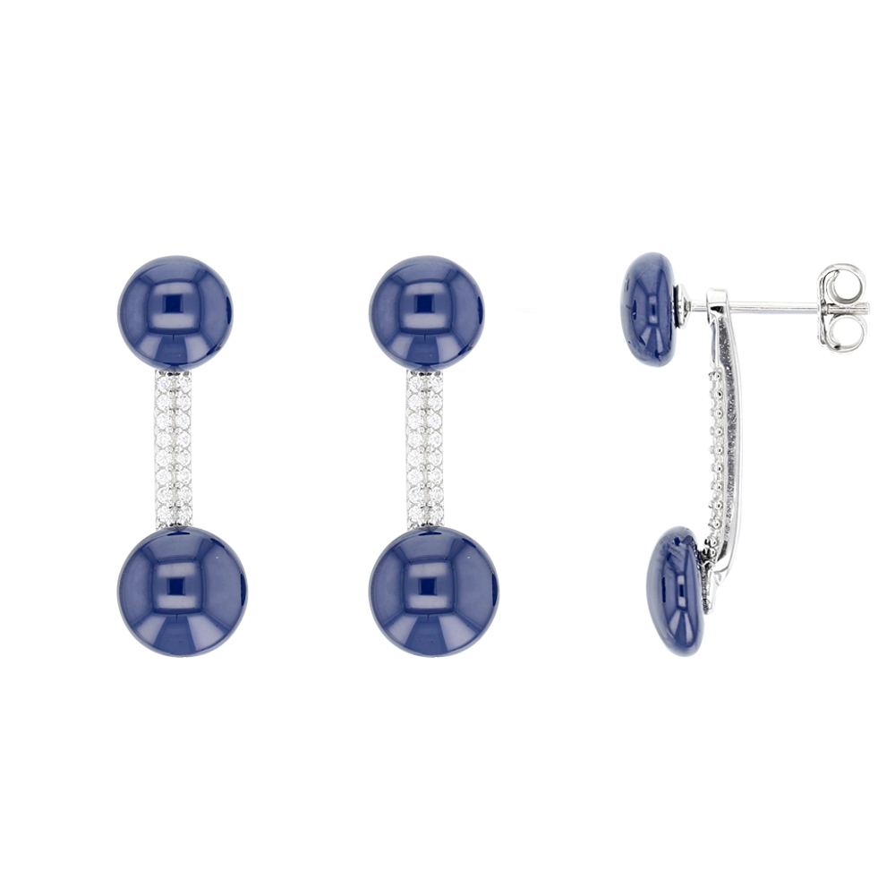 Boucles d'oreilles 2 boules céramique bleue embellies, oxydes de zirconium et Argent 925/1000 rhodié