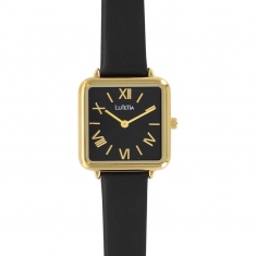 Montre Lutetia boîtier carré métal doré, cadran noir bracelet cuir de bovin noir, surpiqûres