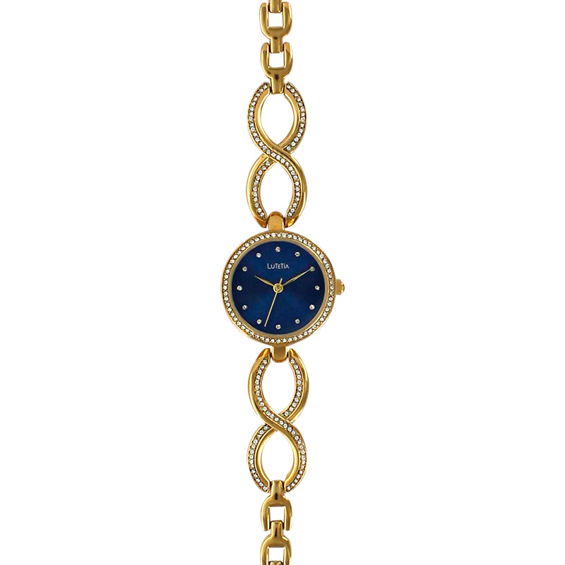 Montre Lutetia boîtier et bracelet métal doré, pierres synthétiques, cadran bleu