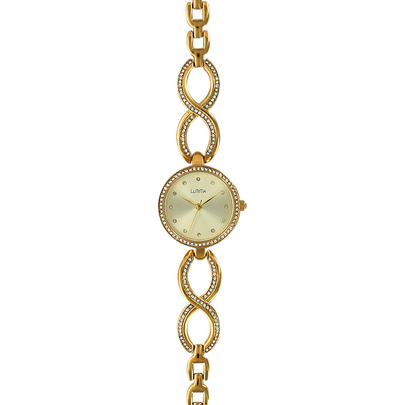 Montre Lutetia boîtier et bracelet métal doré, pierres synthétiques, cadran couleur champagne