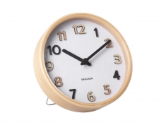 Horloge de table ronde en bois clair, cadran blanc aiguilles noires