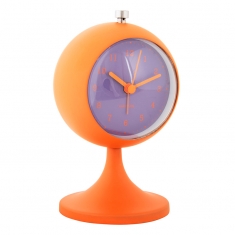 Réveil funky rétro rond en métal orange, avec un cadran violet
