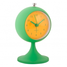 Réveil funky rétro rond en métal vert, avec un cadran jaune