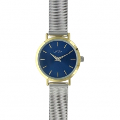 Montre Lutetia cadran bleu avec boîtier métal doré et bracelet acier milanais couleur argent