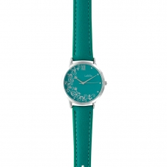 Montre Lutetia avec motif fleuri boîtier métal, cadran et bracelet synthétique turquoise