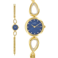 Montre Lutetia boîtier et bracelet métal doré, cadran bleu et pierres synthétiques