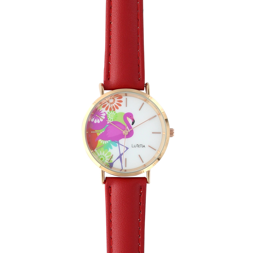 Montre Lutetia cadran avec motif flamant rose, boîtier doré rose et bracelet synthétique rouge