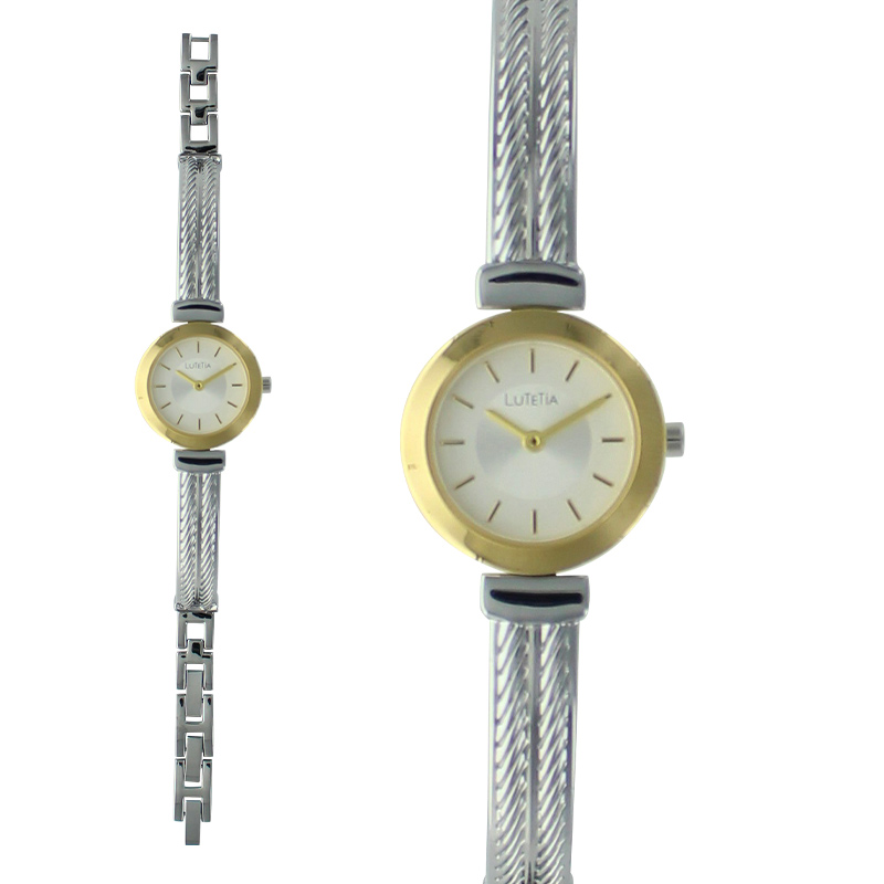Montre Lutetia cadran blanc avec boîtier métal doré et bracelet fin en métal couleur argent
