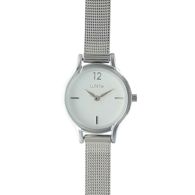 Montre Lutetia cadran blanc avec boîtier métal et un bracelet acier milanais de couleur argent