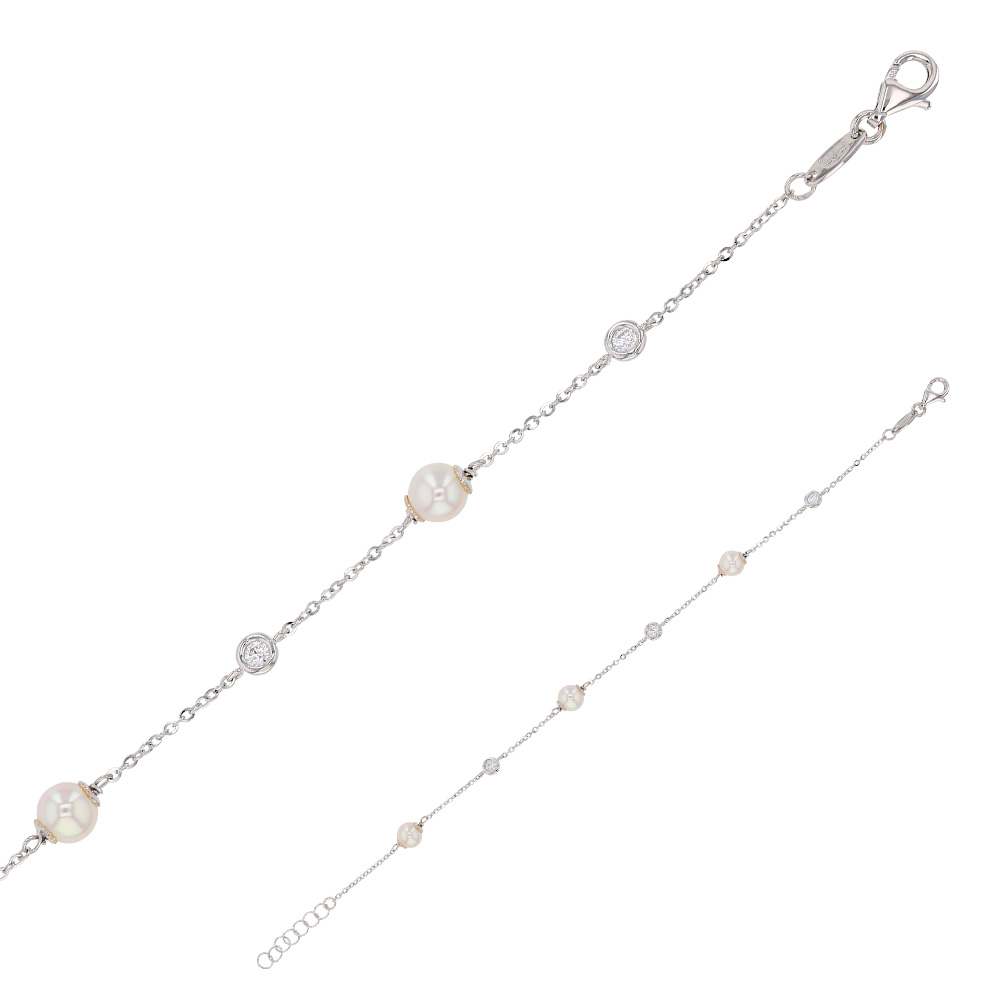 Bracelet Or blanc 375/1000 avec perles d'eau douce et oxydes de zirconium